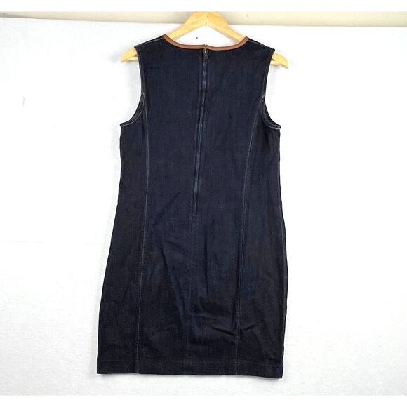 Ralph Lauren Dianva Women's Dark Wash Denim Shift Sheep Leather Trim Dress 10 - Picture 4 of 11
